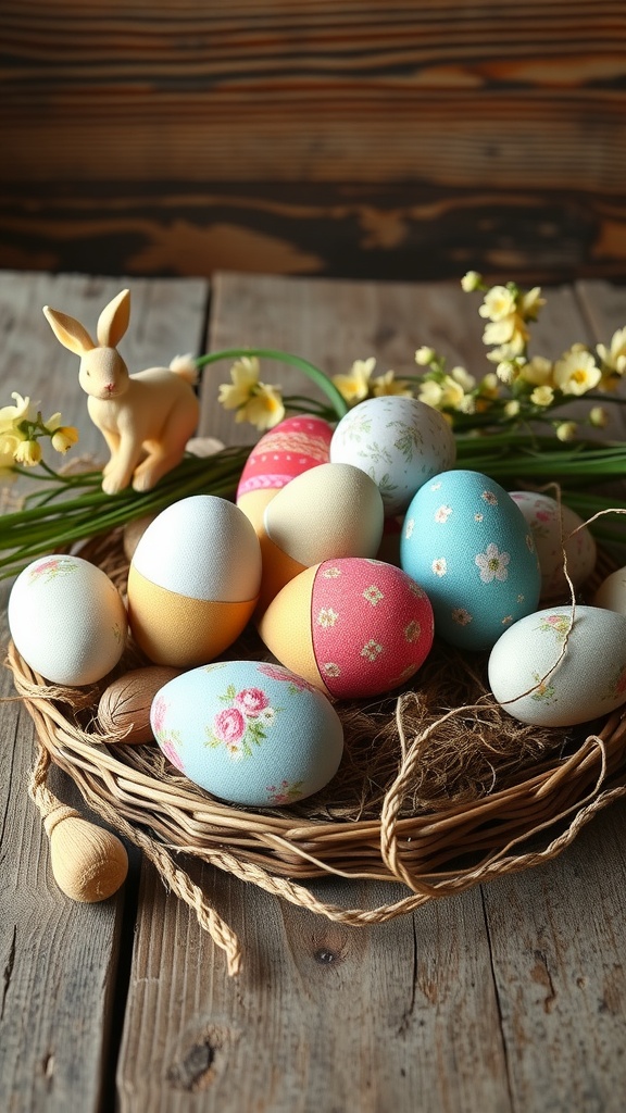 A collection of fabric covered Easter eggs in various colors and patterns, arranged in a woven basket with a small bunny and flowers.