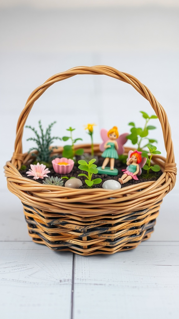 A fairy garden basket filled with miniature plants and fairy figurines.