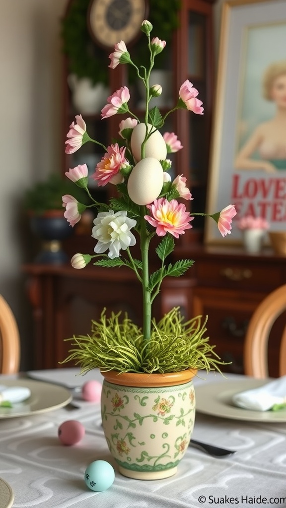 A decorative topiary made of faux flowers and Easter eggs in a floral pot