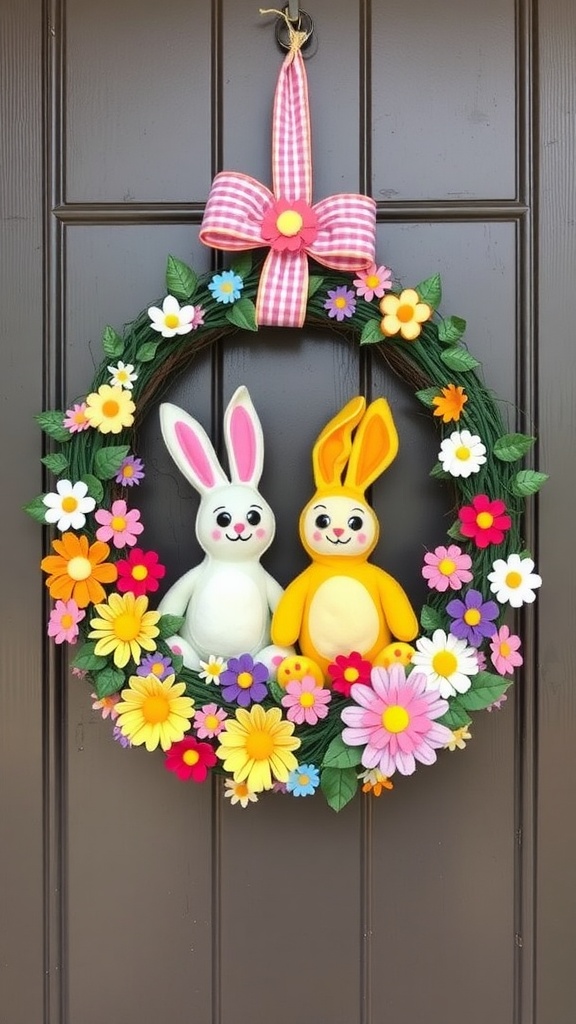 A colorful felt bunny wreath featuring two bunnies and vibrant flowers