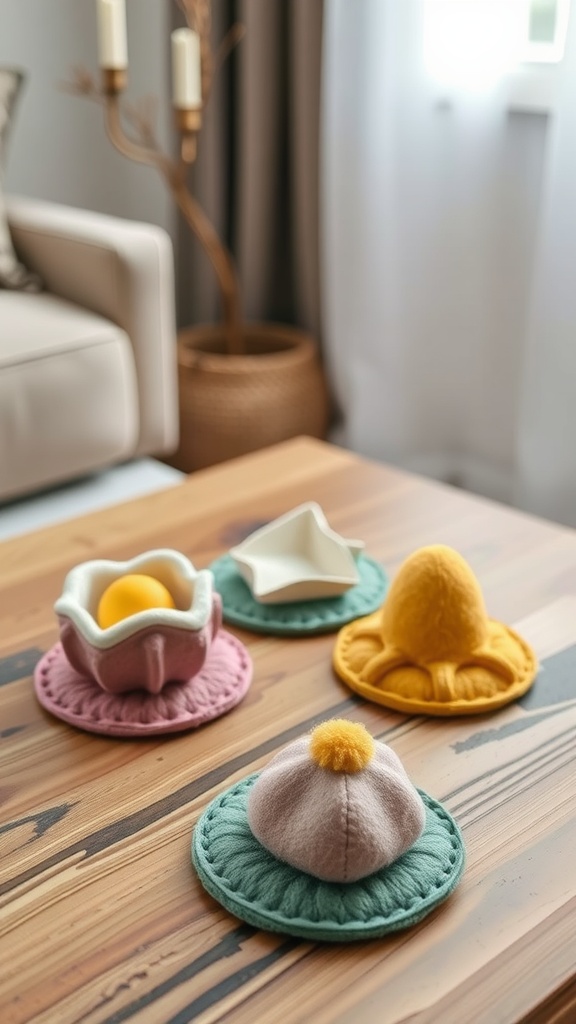 Colorful felt Easter egg coasters displayed on a wooden table