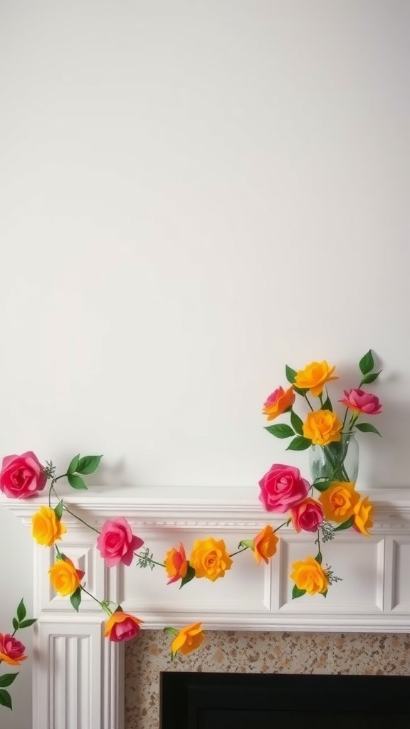 A colorful felt flower garland on a mantel, accompanied by a vase of felt flowers.