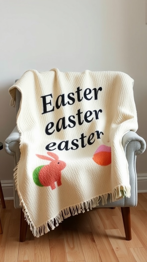 A cozy throw blanket with 'Easter' written on it, featuring a bunny and colorful eggs, draped over a chair.