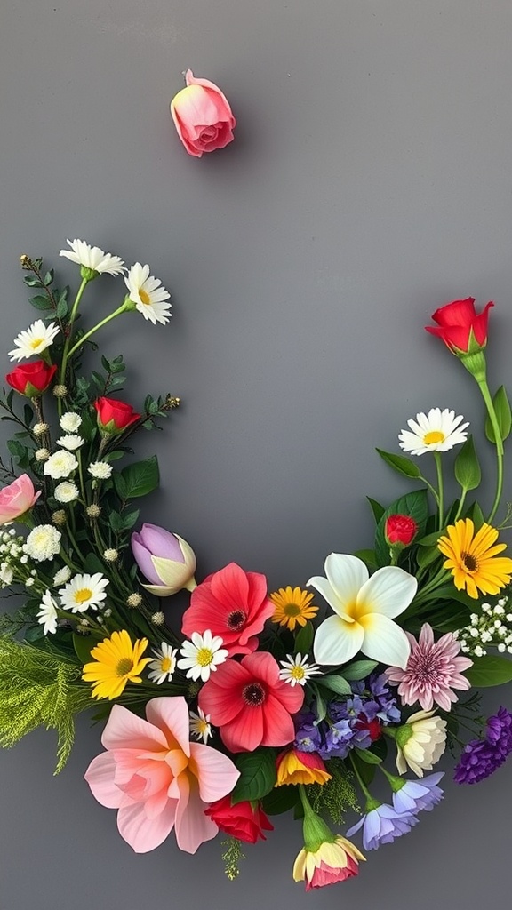 A colorful Easter egg wreath decorated with various artificial flowers including daisies, tulips, and roses