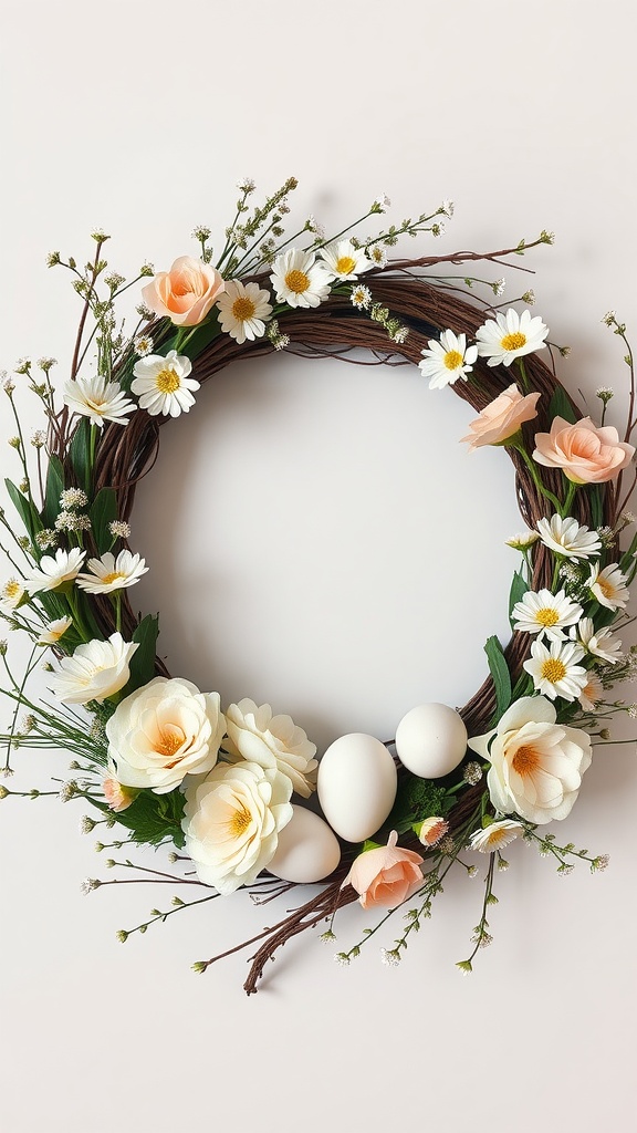 A decorative floral wreath featuring pastel flowers and white eggs.