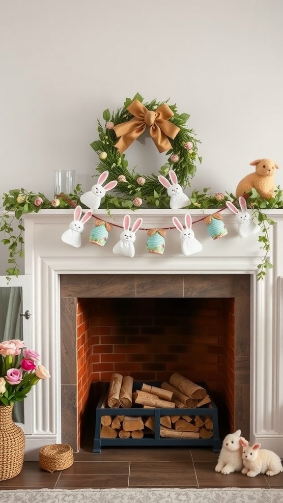 A mantel decorated with a Floral Bunny Garland, featuring bunnies and greenery, alongside a wreath and sweet bunny figurines.