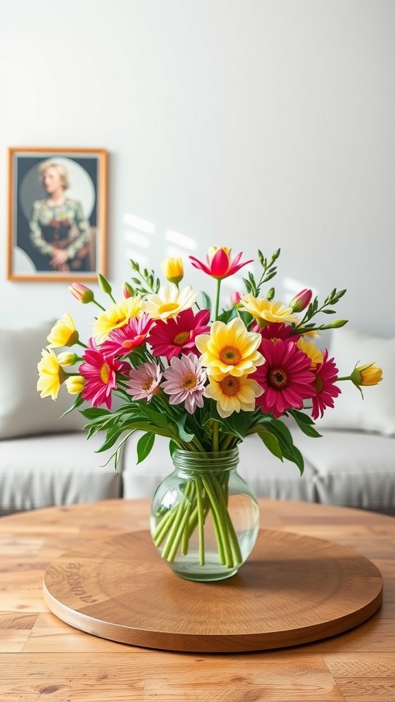 A vibrant floral centerpiece with pink, yellow, and white flowers in a glass vase on a wooden table.