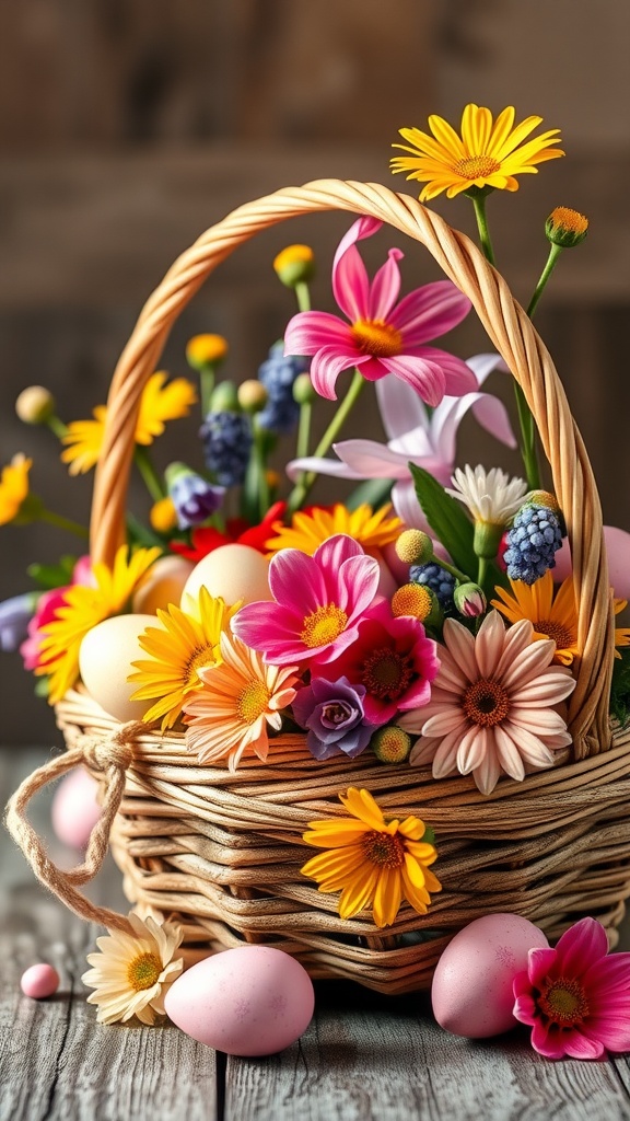 A woven basket filled with colorful flowers and decorated Easter eggs