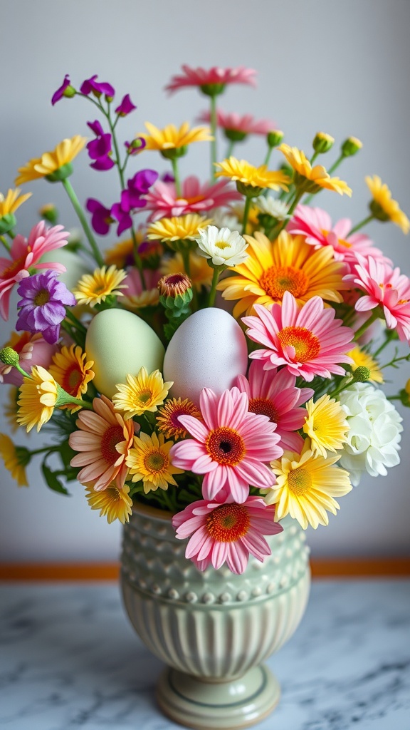 A vibrant floral arrangement featuring colorful flowers and pastel Easter eggs in a decorative vase.