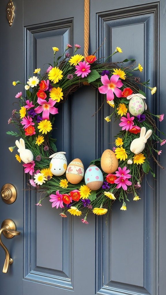 A colorful floral wreath with Easter eggs and bunny decorations on a dark blue door.