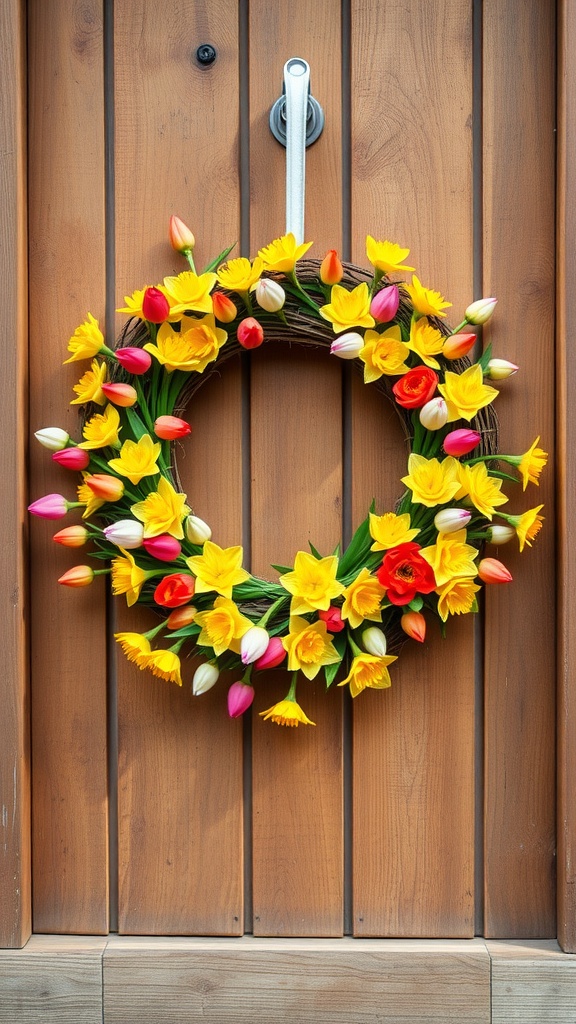 A vibrant spring wreath adorned with yellow daffodils and tulips hanging on a wooden door.