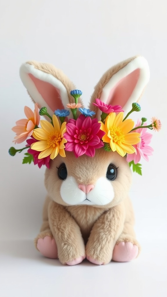 A stuffed bunny with a colorful flower crown made of faux flowers, sitting against a plain background.