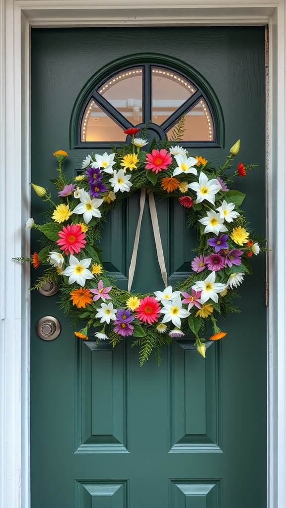 A colorful flower crown wreath hanging on a green front door.