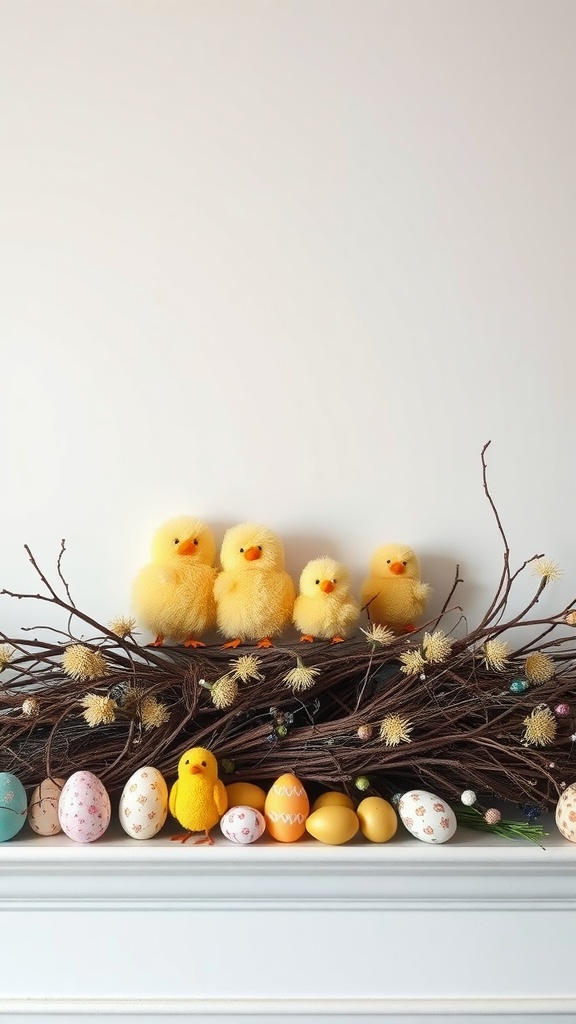 Easter mantel decorations with fluffy yellow chicks and colorful eggs