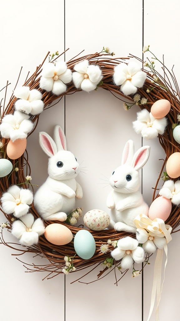 A fluffy cotton bunny wreath with two bunnies, pastel eggs, and cotton flowers on a wooden background.