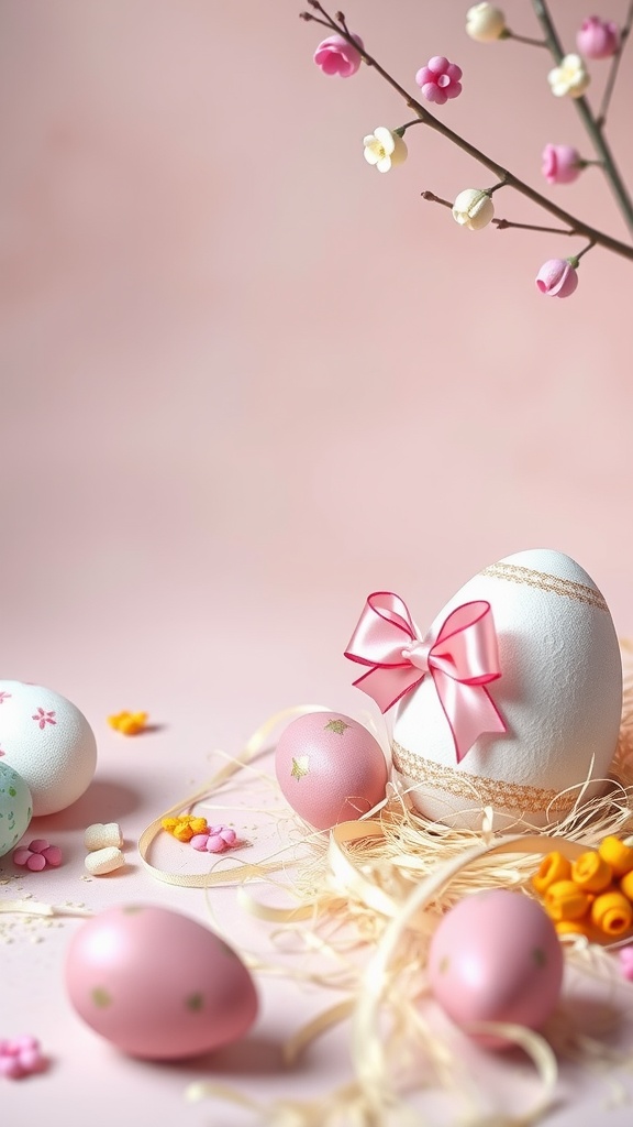 Decorated foam eggs in pastel colors with a pink bow, surrounded by flower decorations.