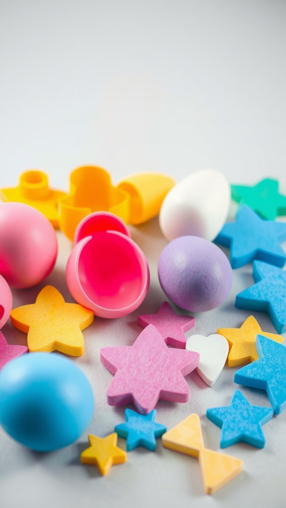 Colorful foam egg shapes and stars for crafting activities