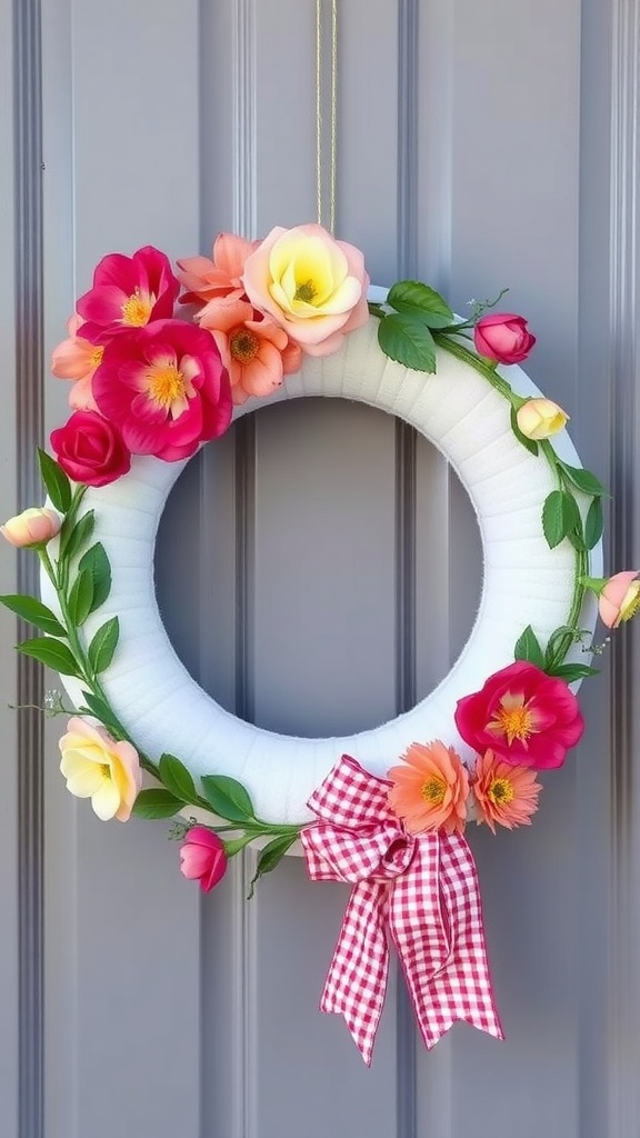 A colorful Easter wreath made from a foam pool noodle, decorated with flowers and a bow.