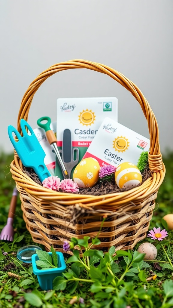 A garden-inspired Easter basket filled with pastel-colored eggs, gardening tools, and flowers.