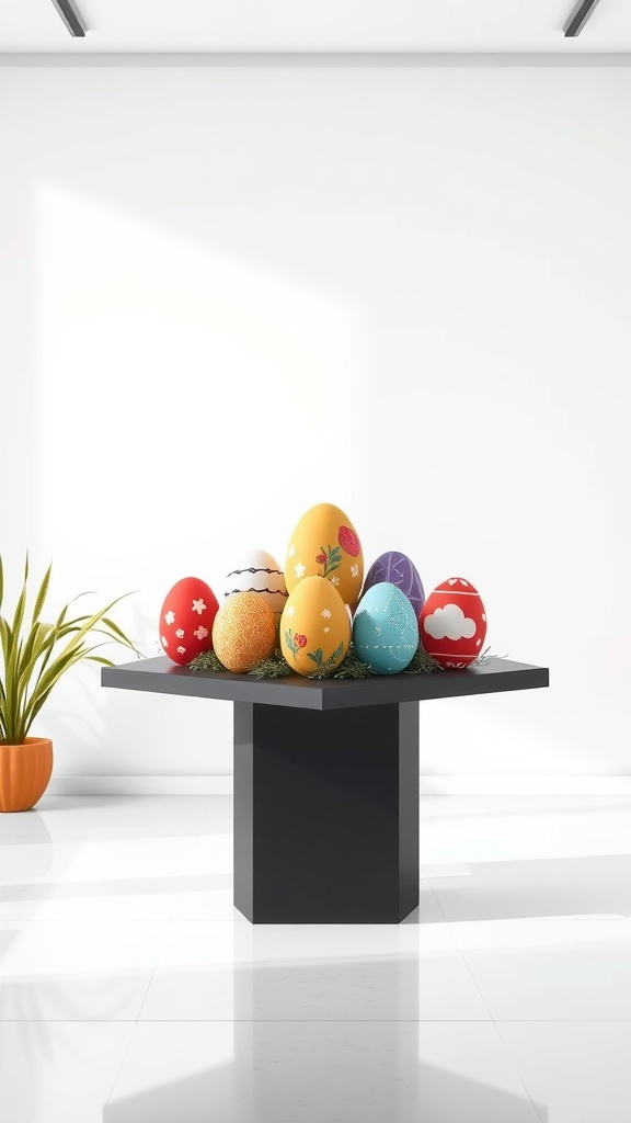 A geometric display of colorful Easter eggs on a modern black table in a bright room.