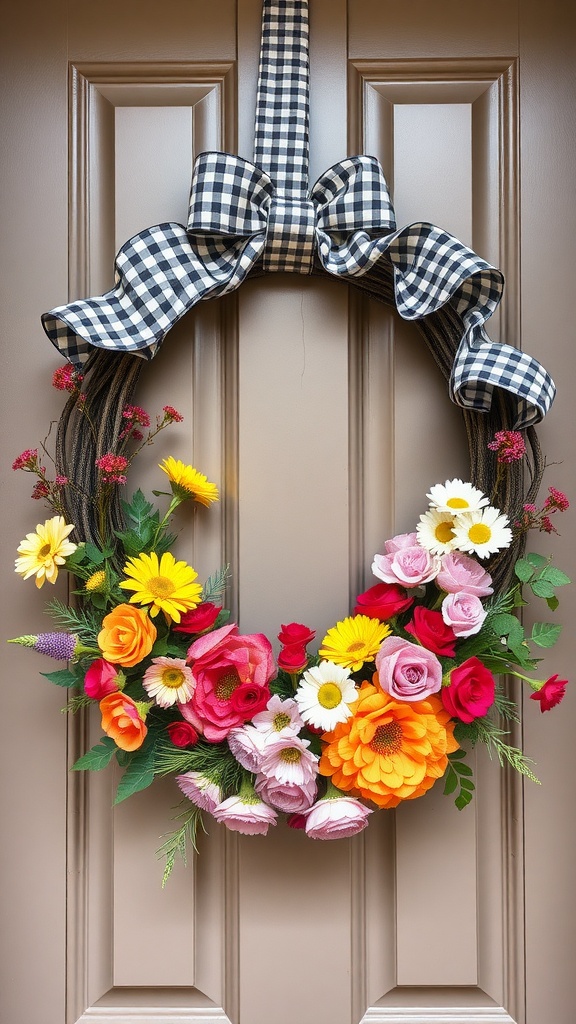 A wreath made of colorful faux flowers and a black and white gingham bow, hanging on a door.