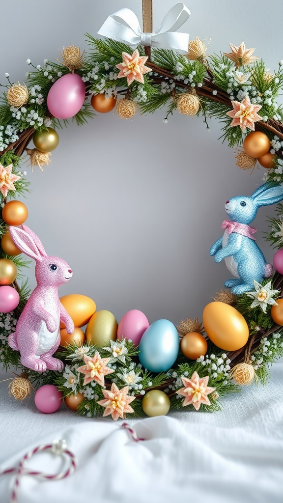 A colorful Easter wreath featuring glittery bunnies, decorated eggs, and flowers.