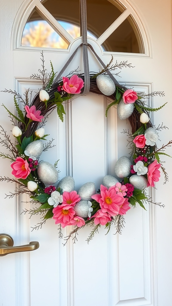 A decorative wreath featuring glittery eggs and colorful flowers, hanging on a front door.