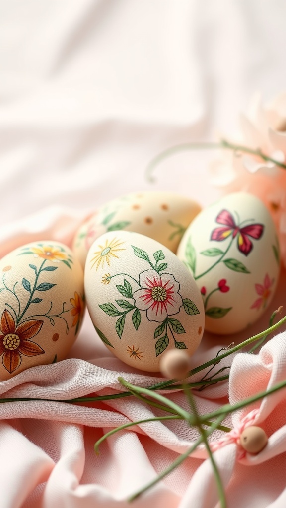 Hand-painted wooden eggs with floral designs on a pink fabric background