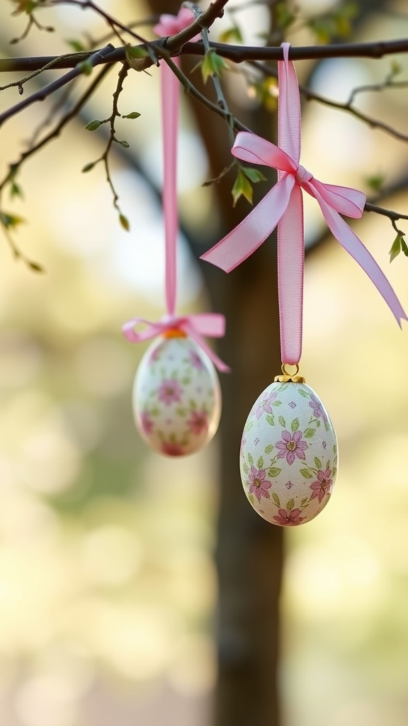 Two decorated Easter egg ornaments hanging from a branch with pink ribbons.