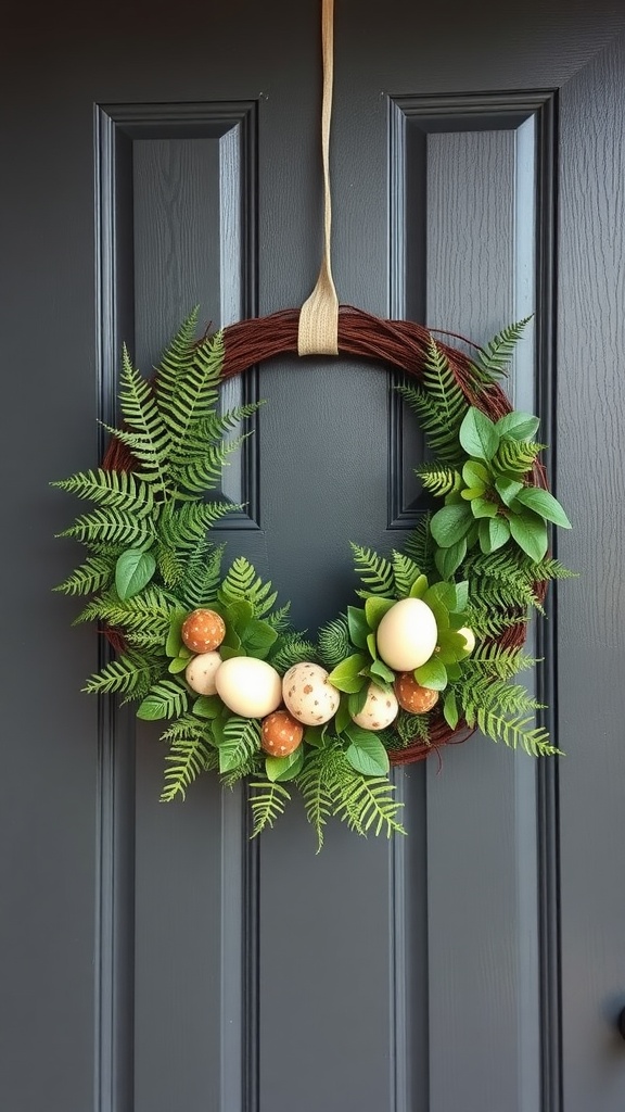 A decorative wreath made of ferns and colorful eggs, hanging on a dark door.