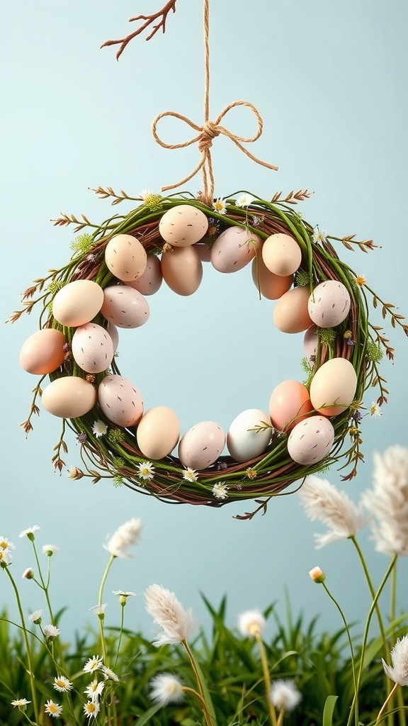 Hanging wreath made of twigs and pastel-colored eggs, decorated with small flowers