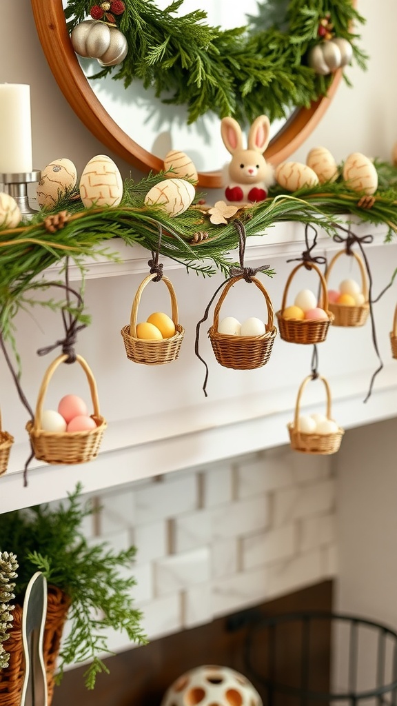 A mantel decorated with a garland of hanging egg baskets and decorative eggs for Easter.