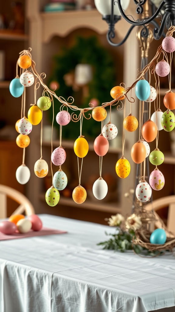 A colorful hanging egg garland with various decorated eggs suspended above a white table.