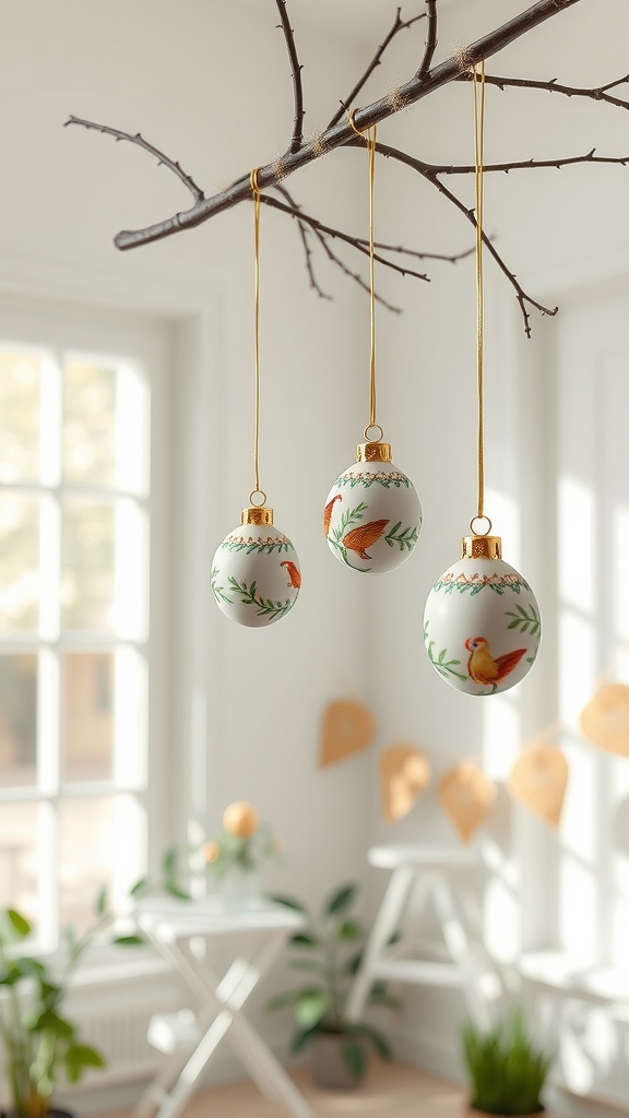 Decorative hanging egg ornaments on a branch