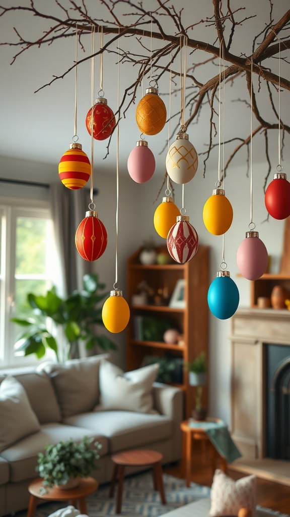 Colorful hanging egg ornaments on a branch in a cozy living room.