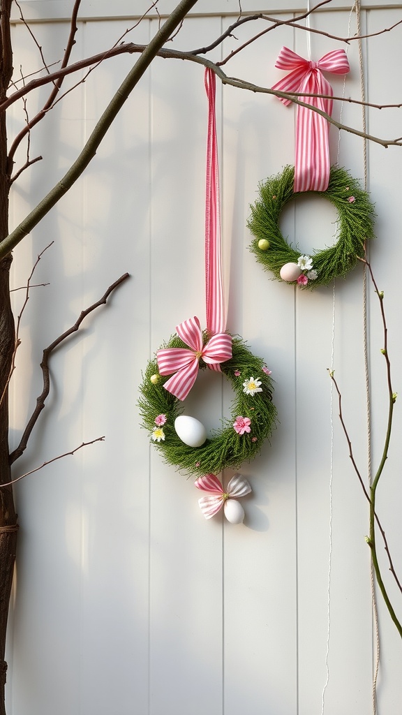 Two Easter egg wreaths hanging on a wall with floral decorations and striped ribbons.