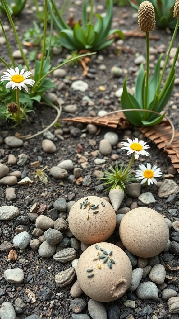 Three homemade flower seed bombs on gravel with daisies and green plants in the background.