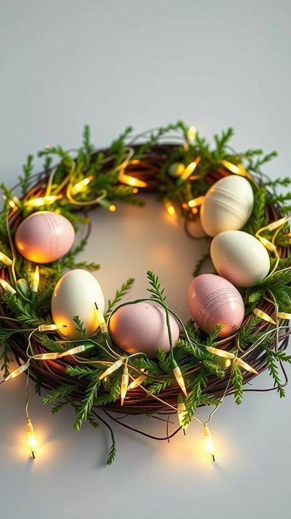 Easter egg wreath with LED lights and colorful eggs