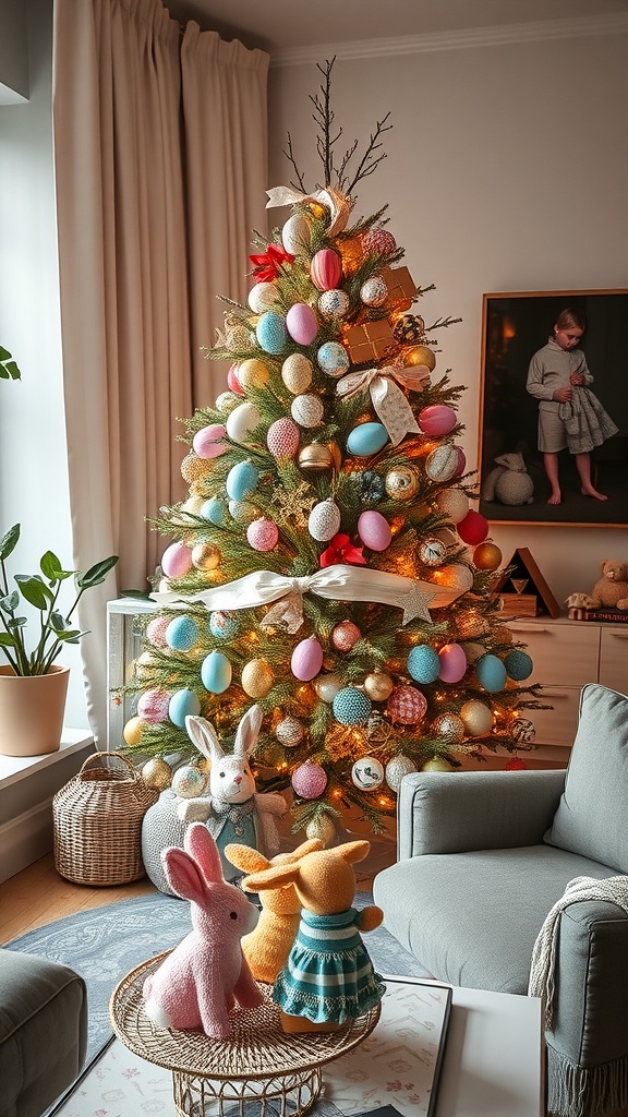 A festive Easter tree decorated with colorful eggs and surrounded by plush bunny figures in a cozy living room.