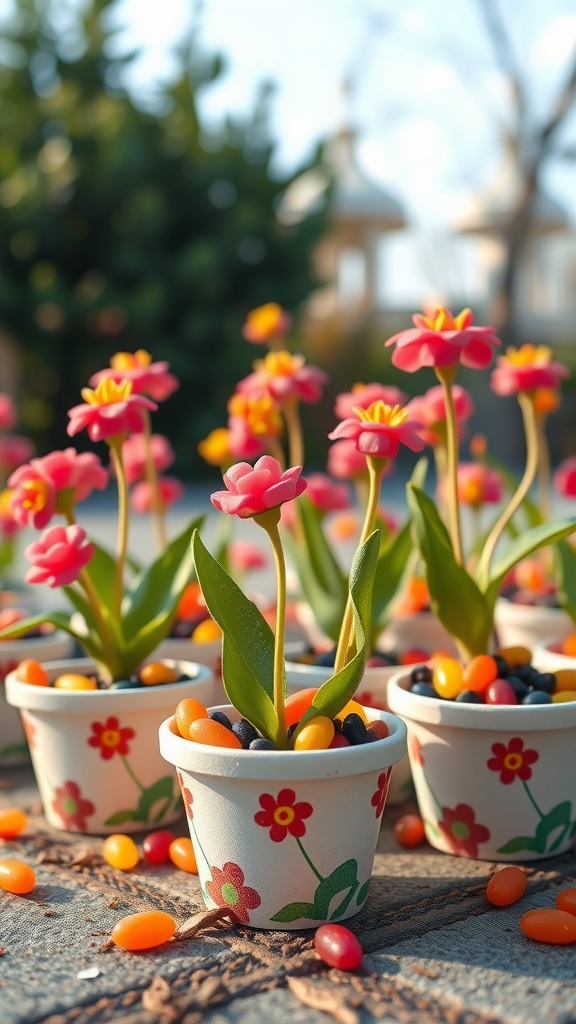 Colorful jelly bean flower pots decorated with faux flowers and jelly beans