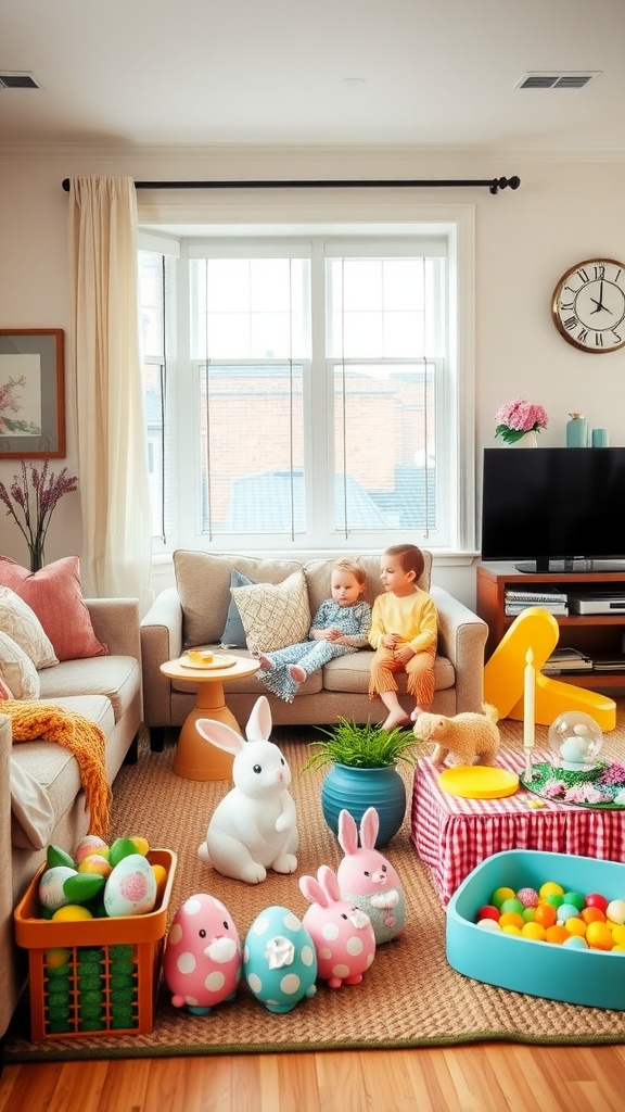 A cozy living room decorated for Easter with children playing and colorful decorations.