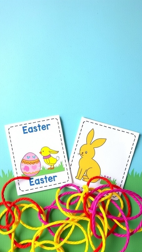 Easter-themed lacing cards with colorful laces.