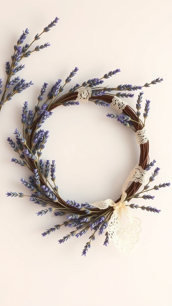 Lavender and lace wreath with purple flowers and a lace ribbon