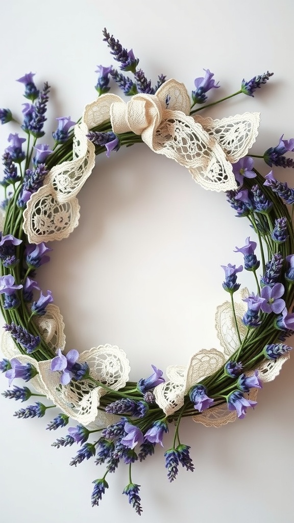 A lavender and lace wreath featuring purple flowers and a lace ribbon bow.