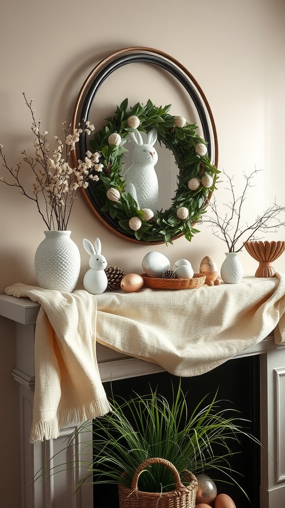 Easter mantel with layered textures including a throw, ceramic vases, and a wreath with a bunny figure.