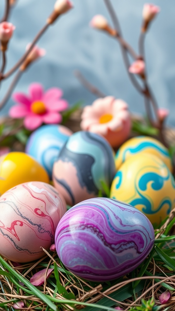 Colorful marble painted Easter eggs displayed among flowers and greenery