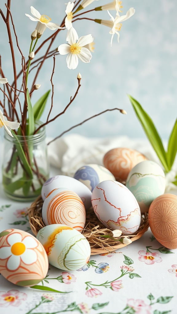 Colorful marbled eggs in a basket, surrounded by flowers on a floral tablecloth