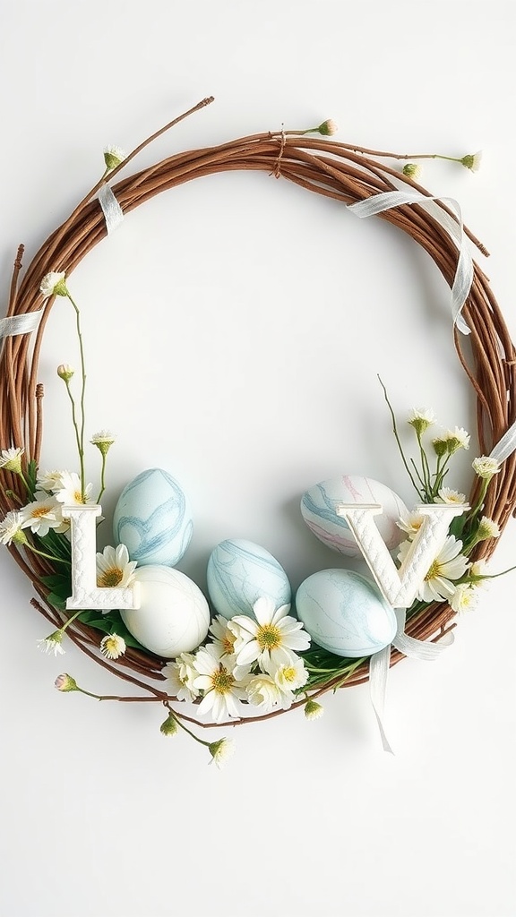 A wreath featuring marbleized eggs, white flowers, and letters 'L' and 'V' on a grapevine base