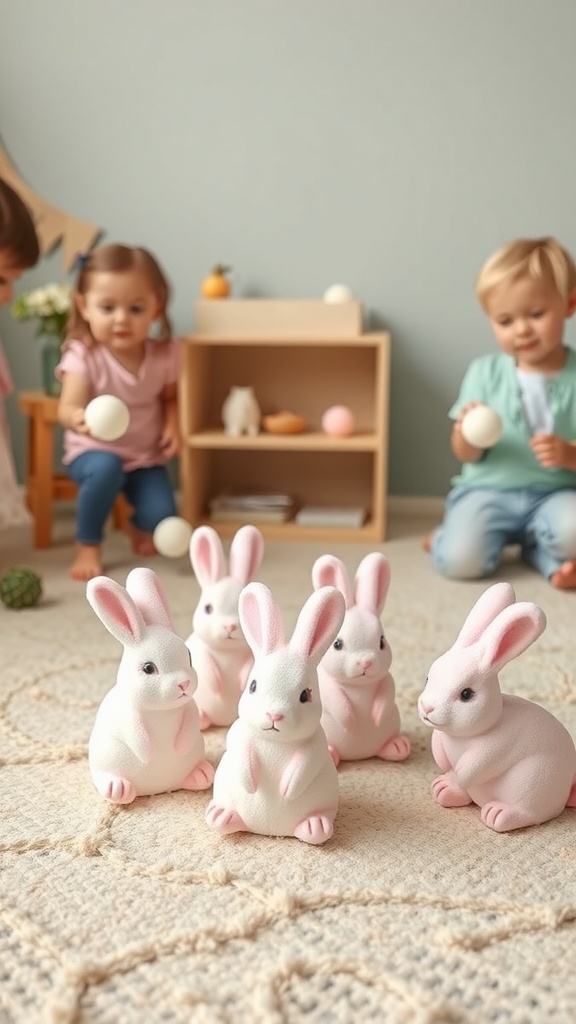 Children playing Marshmallow Bunny Bop with soft bunny figures and balls.