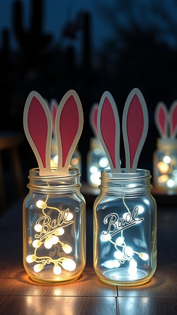 Two mason jar bunny lanterns with fairy lights glowing inside